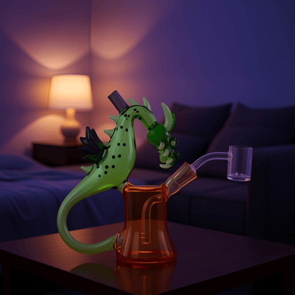 Dragon Rider Bonga deep green dragon beaker bong on a table and smoking vide