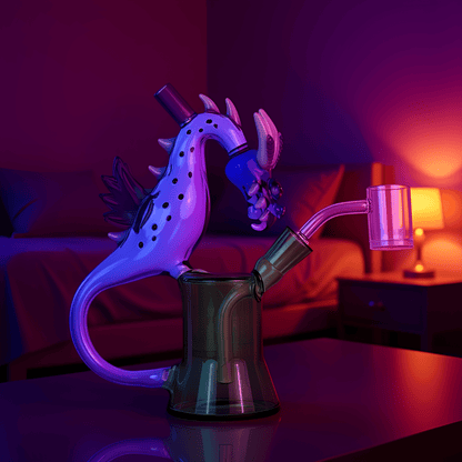 Dragon Rider BongColorful borosilicate glass dab rig bong with a green base and blue dragon head,standing on a wooden surface