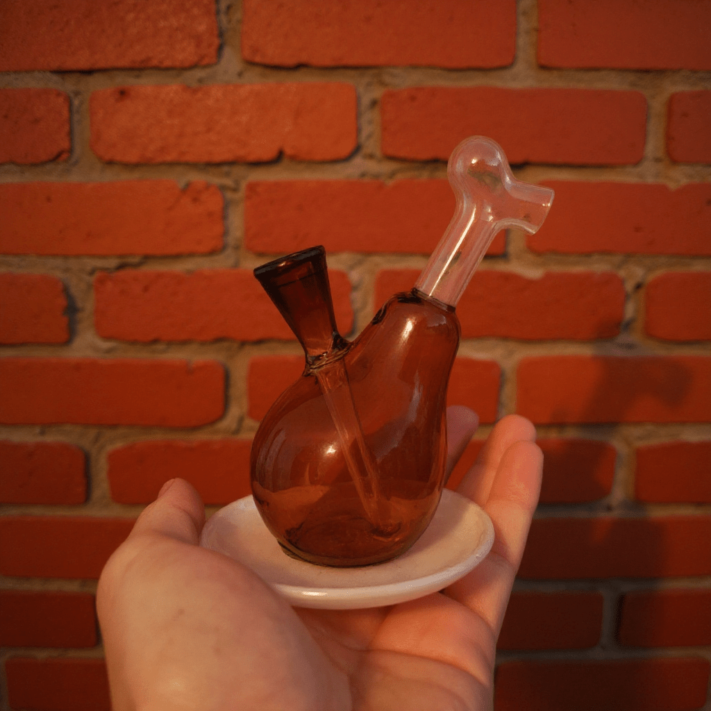 Drumstick Glass Bong – Mini Turkey Leg Water Pipe - Hand holding a small glass water pipe against a brick wall background