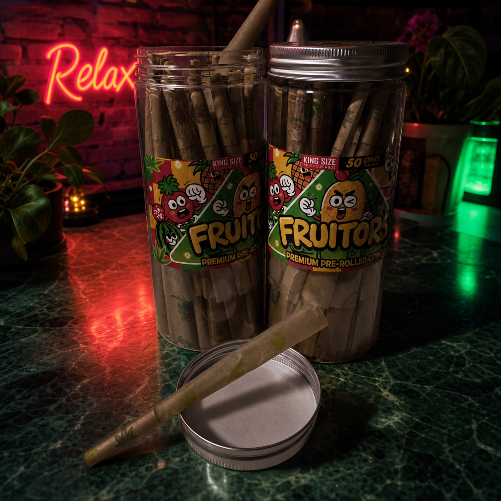Two containers of Fruitos pre-rolled joints on a table with a neon 'Relax' sign in the background.