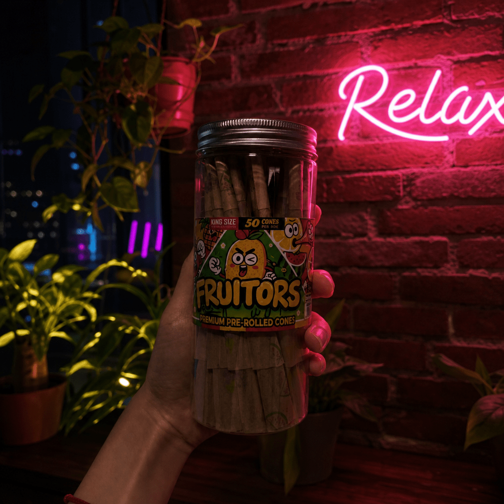 FruitBurst King Size Fruit Flavored Pre - Rolled Cones – 50 PackHand holding a container of 'Fruitors' pre - rolled joints with a neon 'Relax' sign in the background.