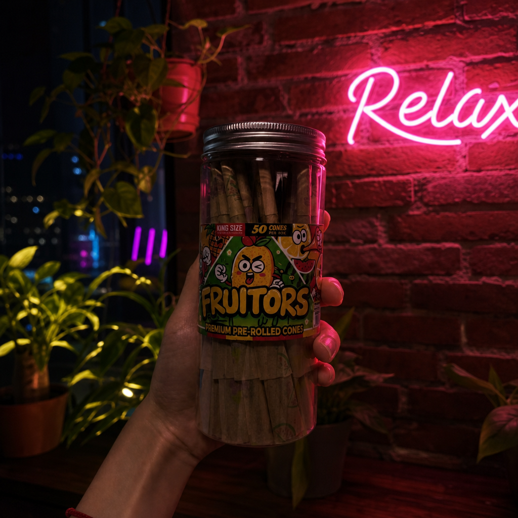 Hand holding a container of 'Fruitors' pre-rolled joints with a neon 'Relax' sign in the background.