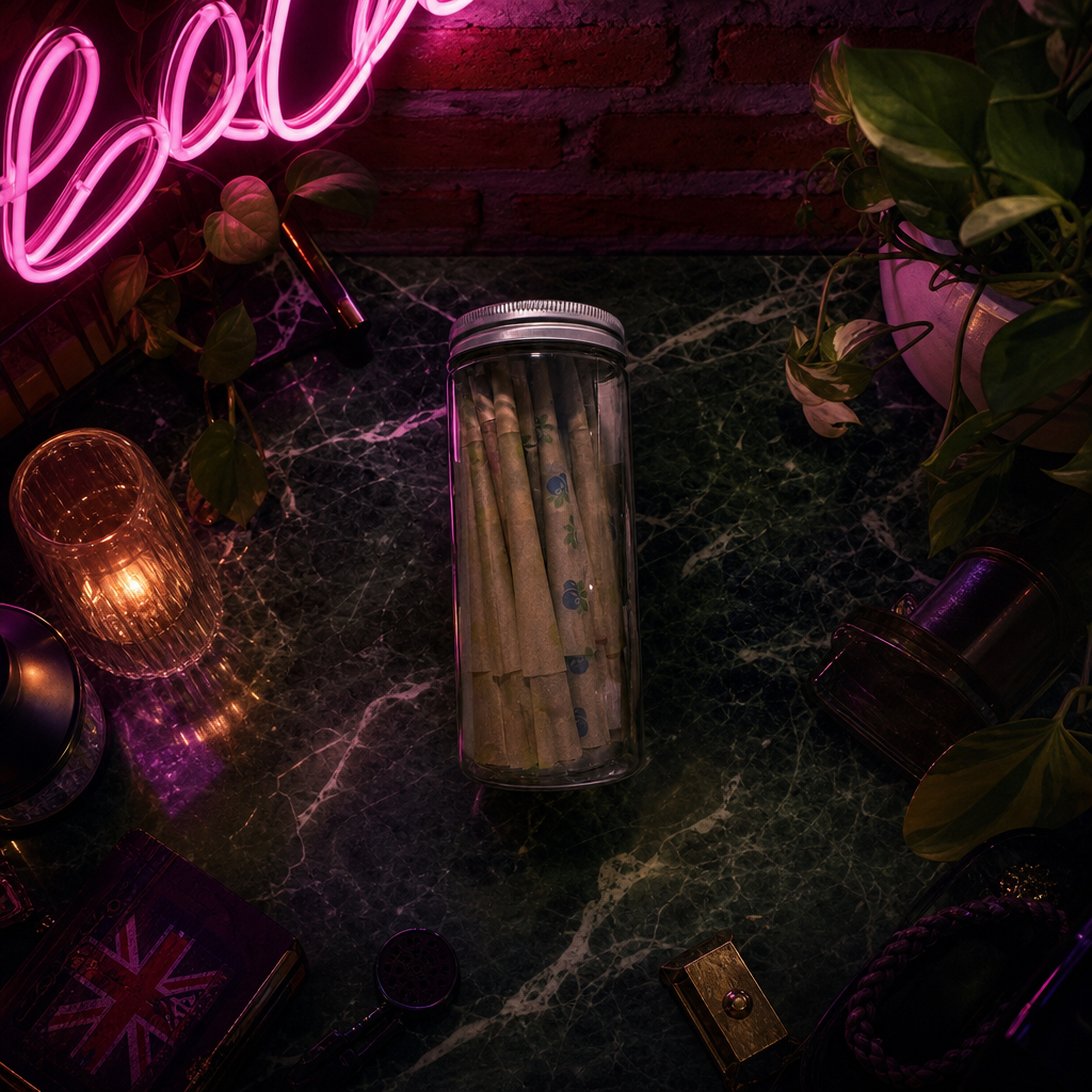 Neon sign with 'LOVE' on a dark surface with candles and plants