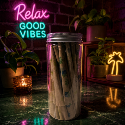 Jar of pre-rolled with neon signs and plants in a cozy setting