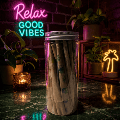 FruitBurst King Size Fruit Flavored Pre - Rolled Cones – 50 PackJar of pre - rolled with neon signs and plants in a cozy setting