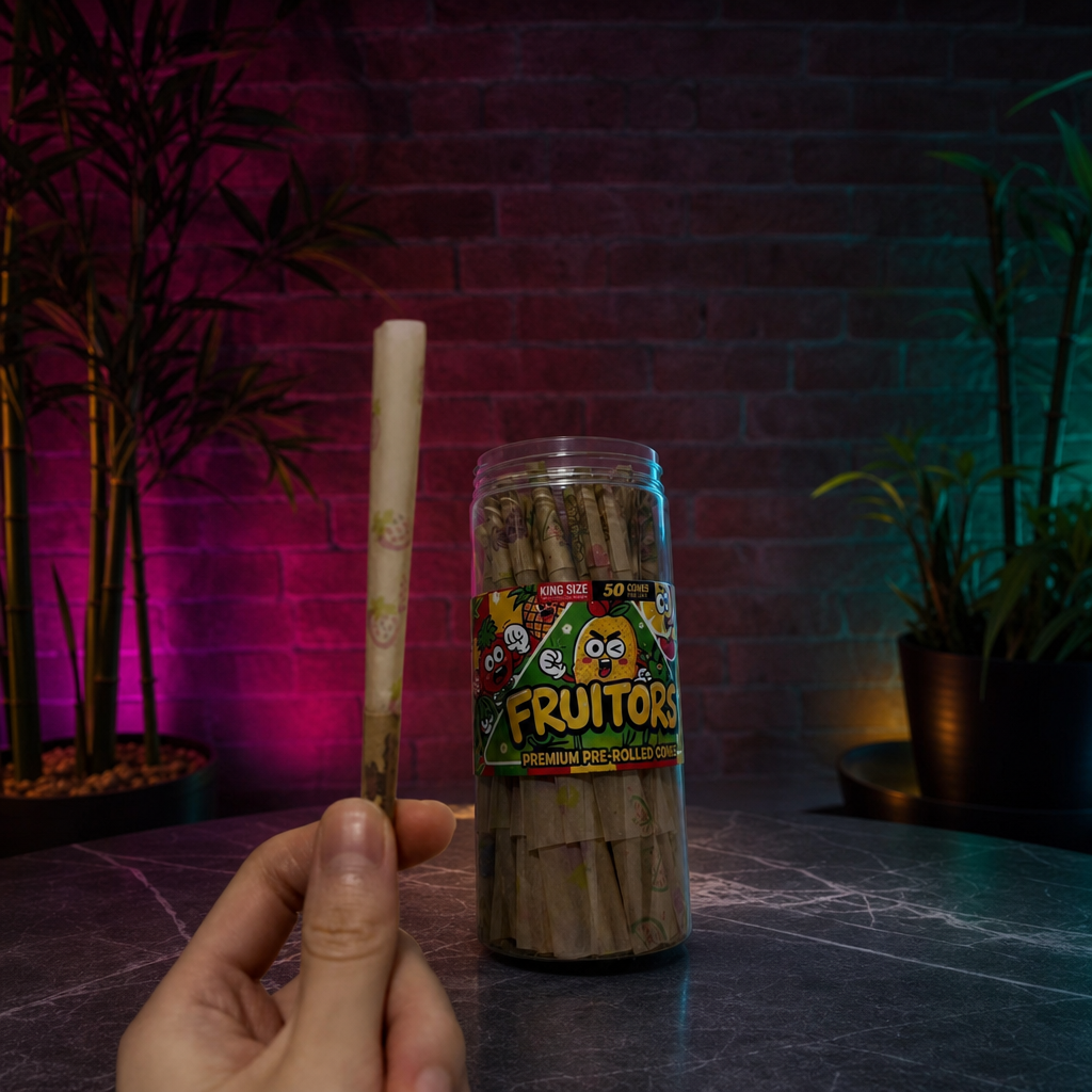 Hand holding a pre-rolled joint next to a container of Fruitors pre-rolled joints with a dark background.