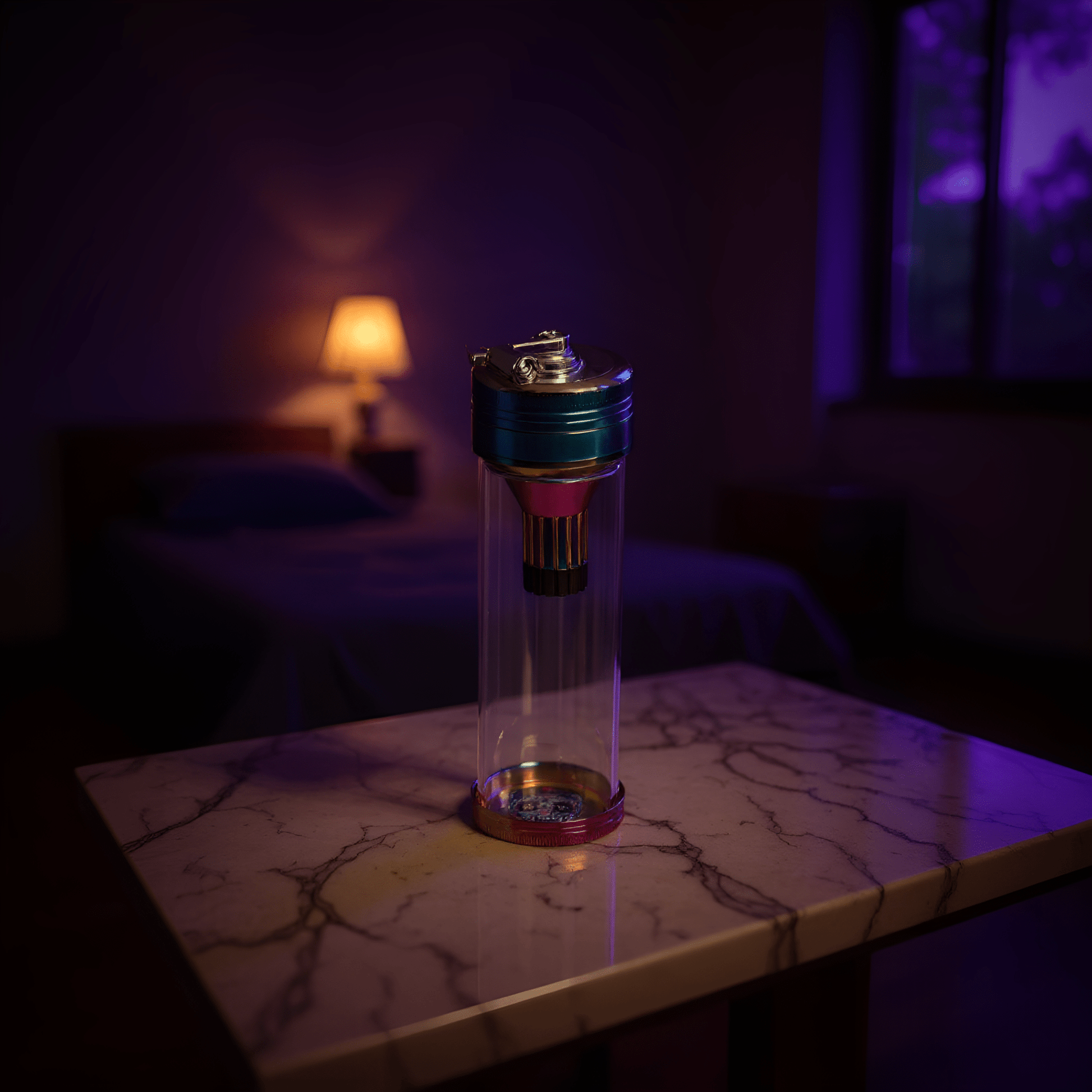GlassCore Herb Grinder - Standing view of tall tower -style herb grinder with skull base and crank lid - rainbow metal finish