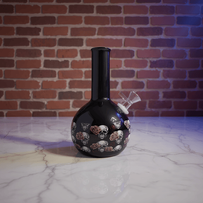 Gothic Skull Rose Ceramic Bong – Decorative ceramic bong with gothic skulls with floral patterns on a marble surface