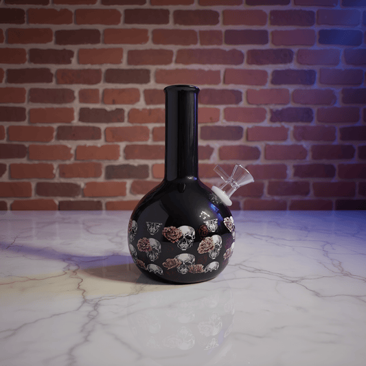 Gothic Skull Rose Ceramic Bong – Decorative ceramic bong with gothic skulls with floral patterns on a marble surface