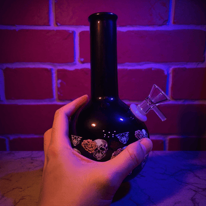 Gothic Skull Rose Ceramic Bong – Black ceramic pink bong with decorative elements held