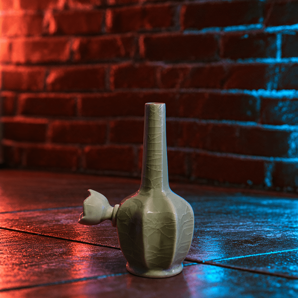 Green Dragon Scale Celadon Flat-Sided Porcelain BongA light green celadon ceramic vase with a narrow neck and a small side spout, featuring a crackled glaze, set on a dark wooden surface against a red and blue lit brick wall background.