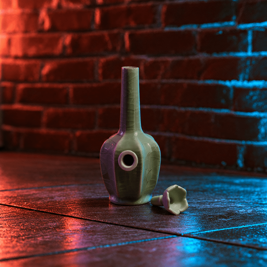 Green Dragon Scale Celadon Flat-Sided Porcelain BongA light sage green ceramic bud bowl with a matching flower-shaped piece resting beside it on a dark wooden surface, set against a red and blue lit brick wall background.