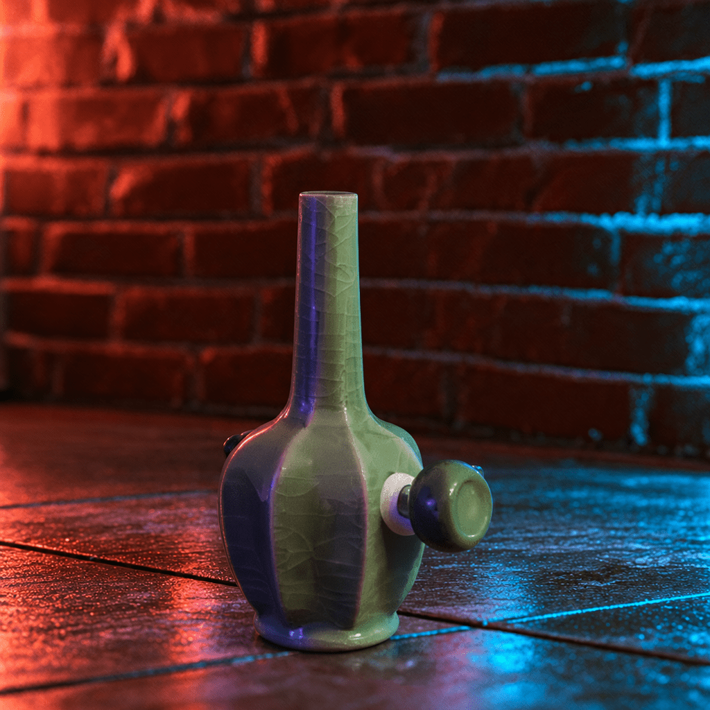 Green Dragon Scale Celadon Flat-Sided Porcelain BongIce - Crack Green Celadon Flat - Sided Porcelain Bong with glass bowl is placed on a wooden surface.