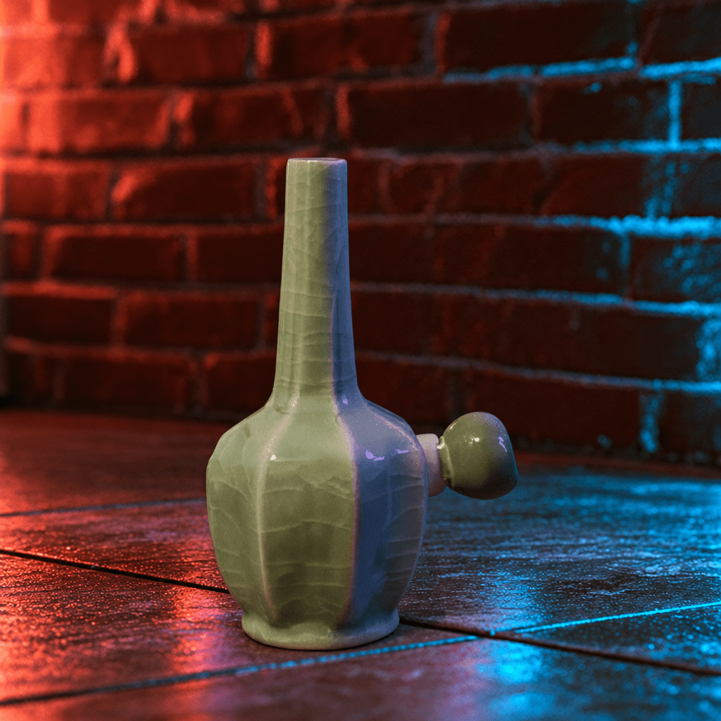 Green Dragon Scale Celadon Flat-Sided Porcelain BongIce - Crack Green Celadon Flat - Sided Porcelain Bong with glass bowl is placed on a wooden surface.