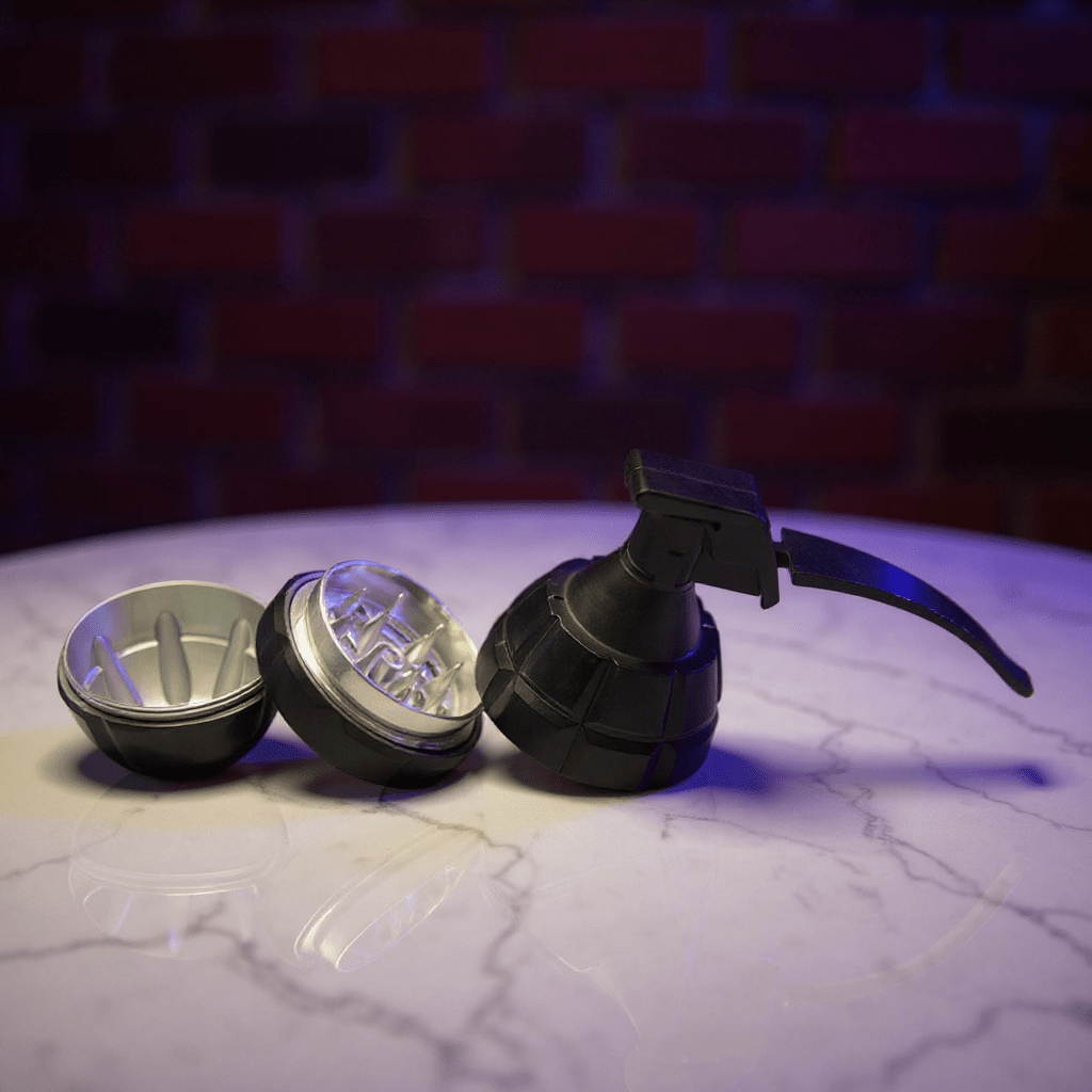 Grenade Herb Grinder – Camouflage Designset of tobacco herb grinder on a marble surface with a brick wall background