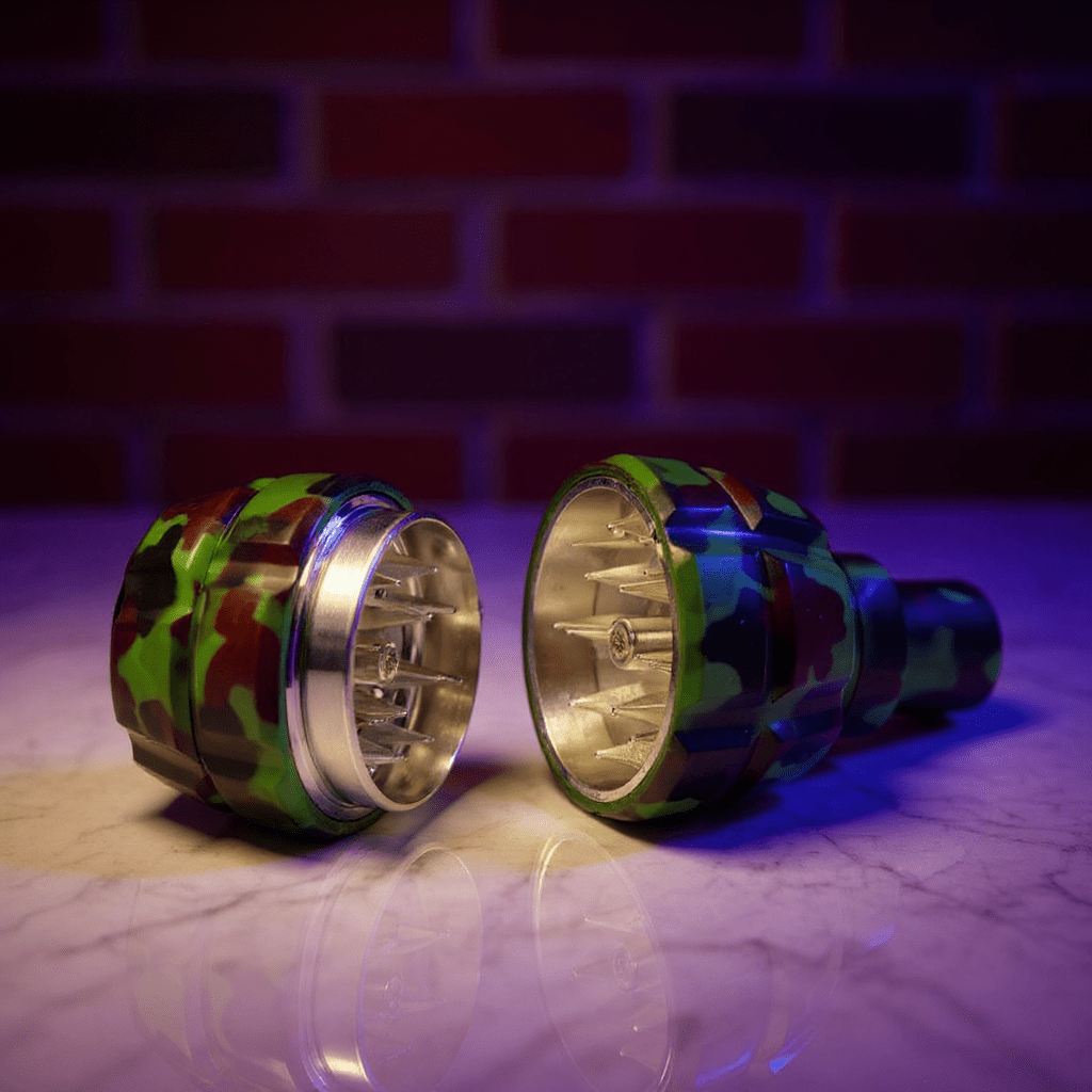 Grenade Herb Grinder – Camouflage Designset of grenade herb grinder on a reflective surface with a brick wall background