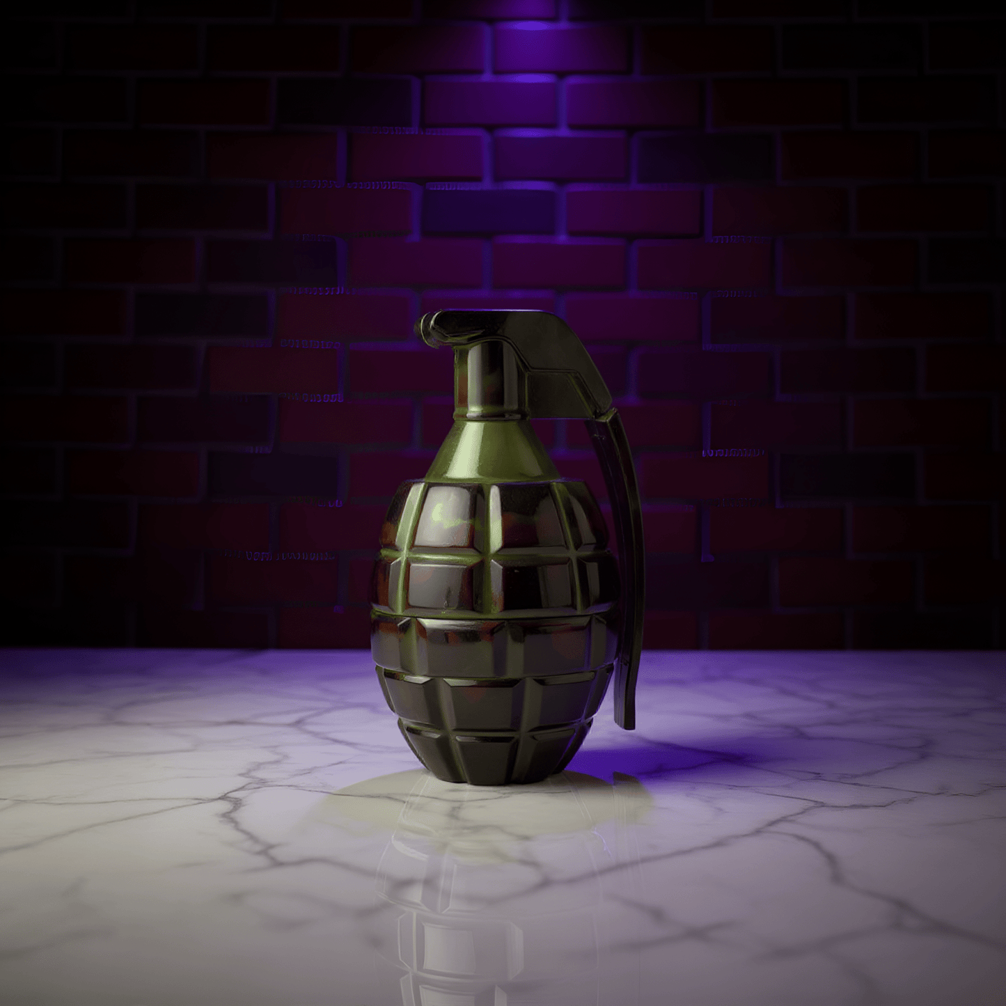 Grenade Herb Grinder – Camouflage DesignMetallic grenade tobacco grinder on a reflective surface with a brick wall background