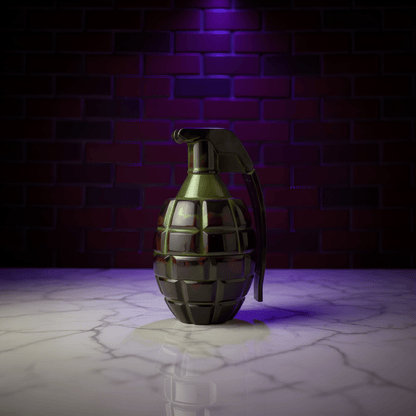 Grenade Herb Grinder – Camouflage DesignMetallic grenade tobacco grinder on a reflective surface with a brick wall background