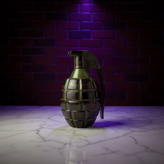 Grenade Herb Grinder – Camouflage DesignMetallic grenade tobacco grinder on a reflective surface with a brick wall background