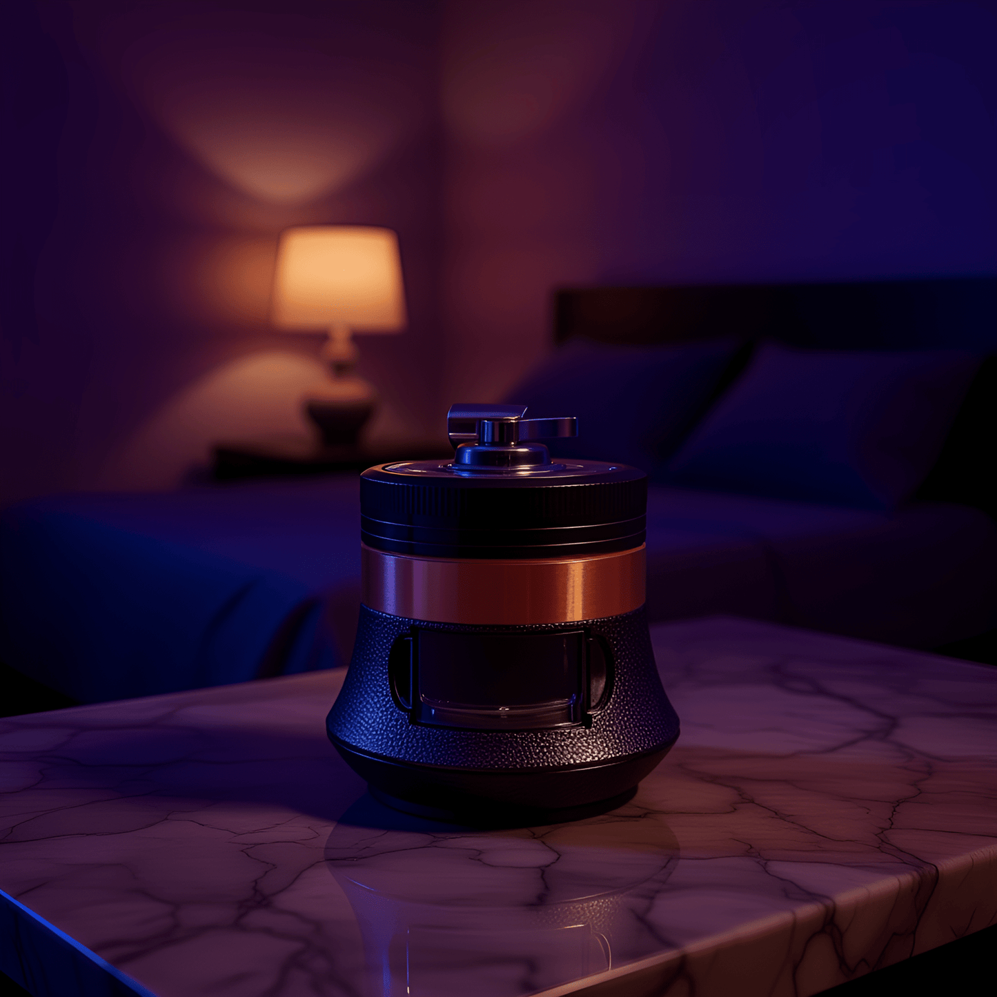 Hand Cranked Herb Grinder - Dark brown wood - style hand grinder with warm backlight and polished crank top