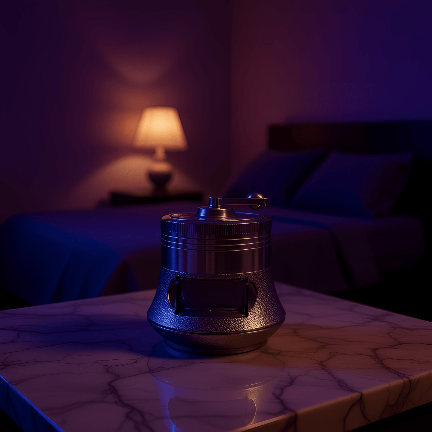 Hand Cranked Herb GrinderHand Cranked Herb GrinderHand crank wooden herb grinder with metal top placed near bedside lamp