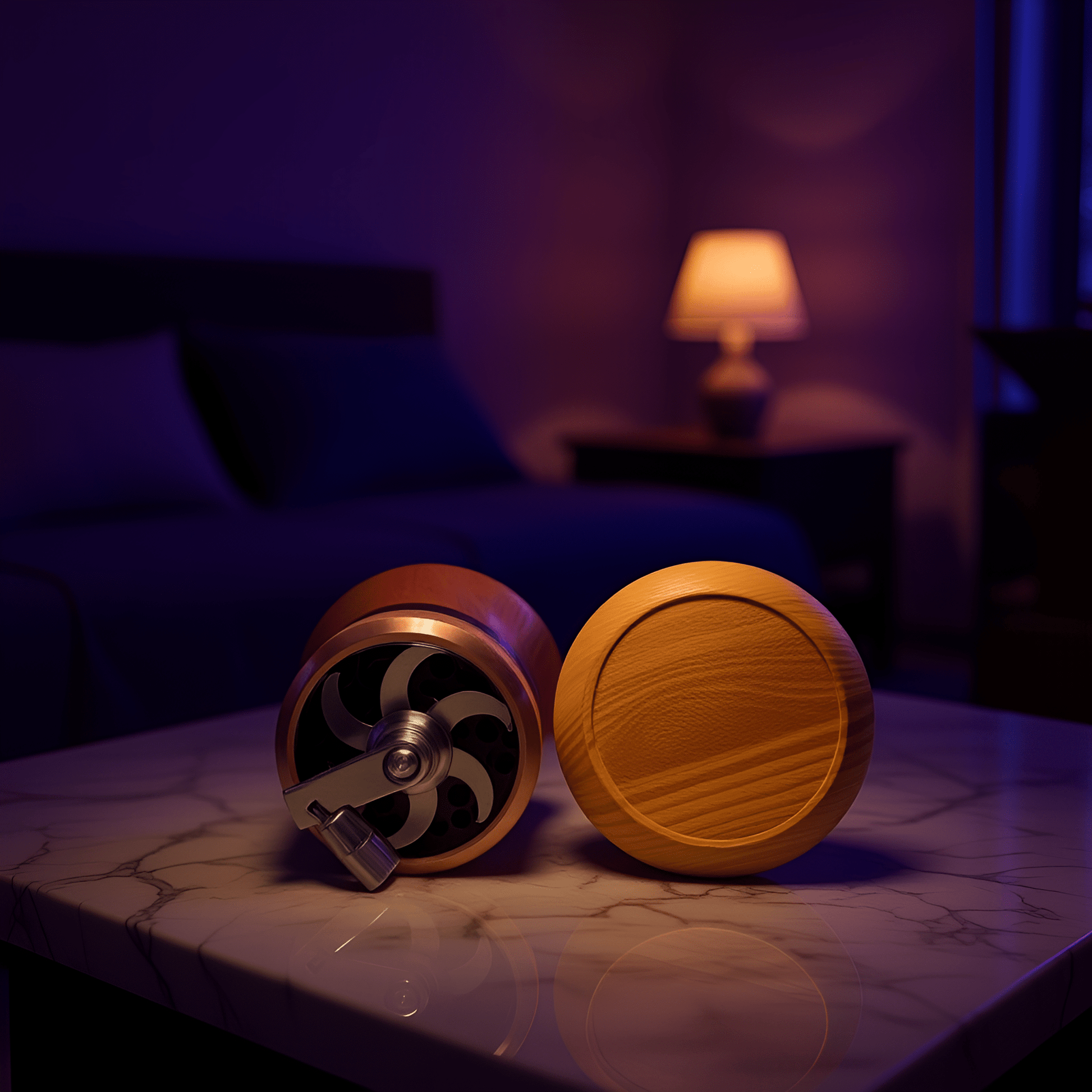 Hand Cranked Herb Grinder - Bottom view of wood grain herb grinder with crank, resting near soft ambient lighting