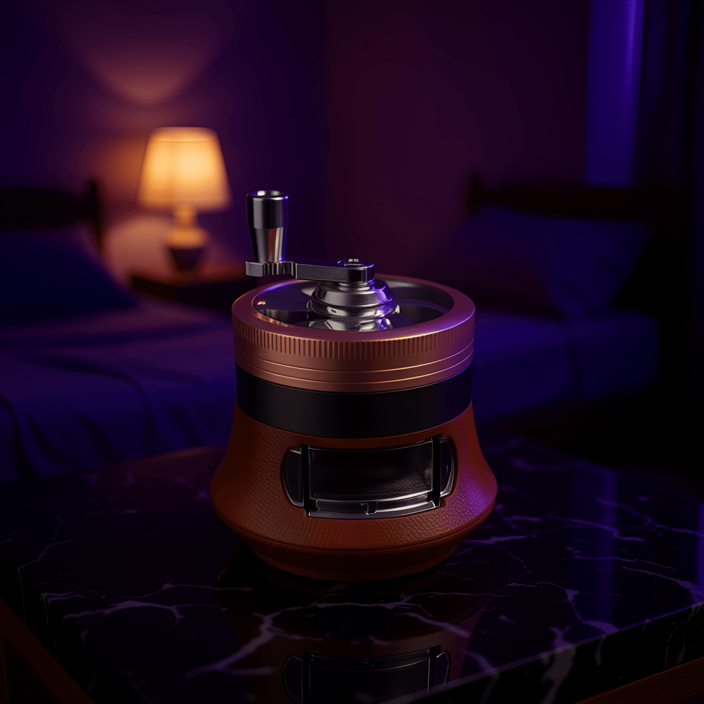 Hand Cranked Herb GrinderHand Cranked Herb GrinderAmber - tone herb grinder with clear glass window and chrome hand crank