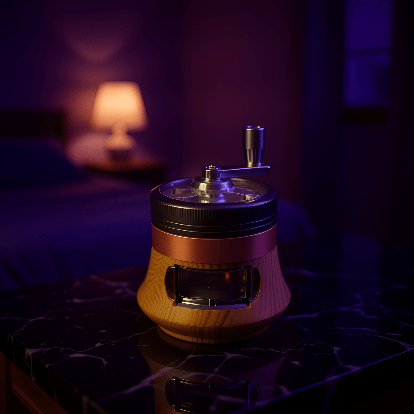 Hand Cranked Herb GrinderHand Cranked Herb GrinderLight wood hand crank grinder with stainless crank arm on nightstand