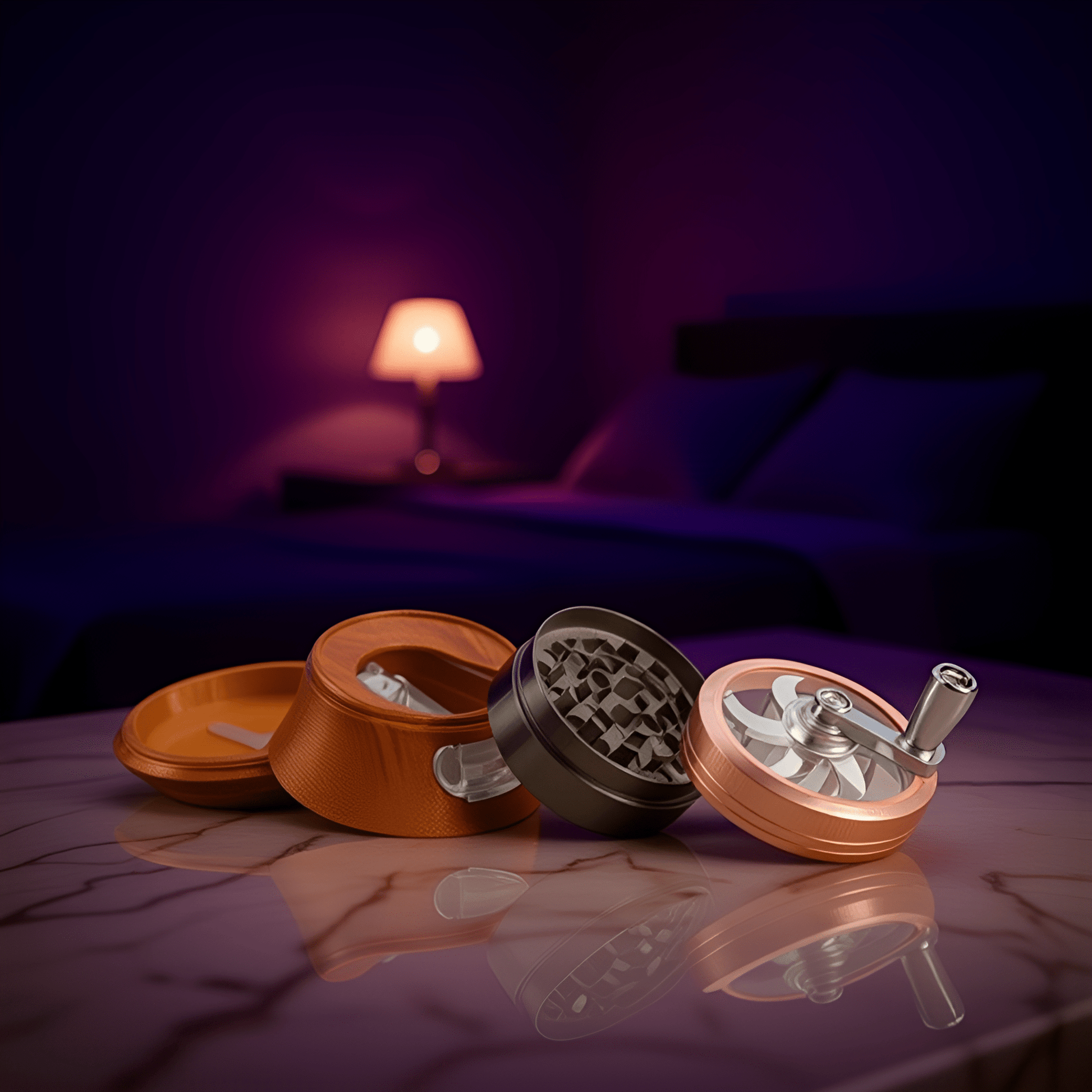 Hand Cranked Herb Grinder - Wood grain hand crank herb grinder shown open with layered parts on dark wood desk