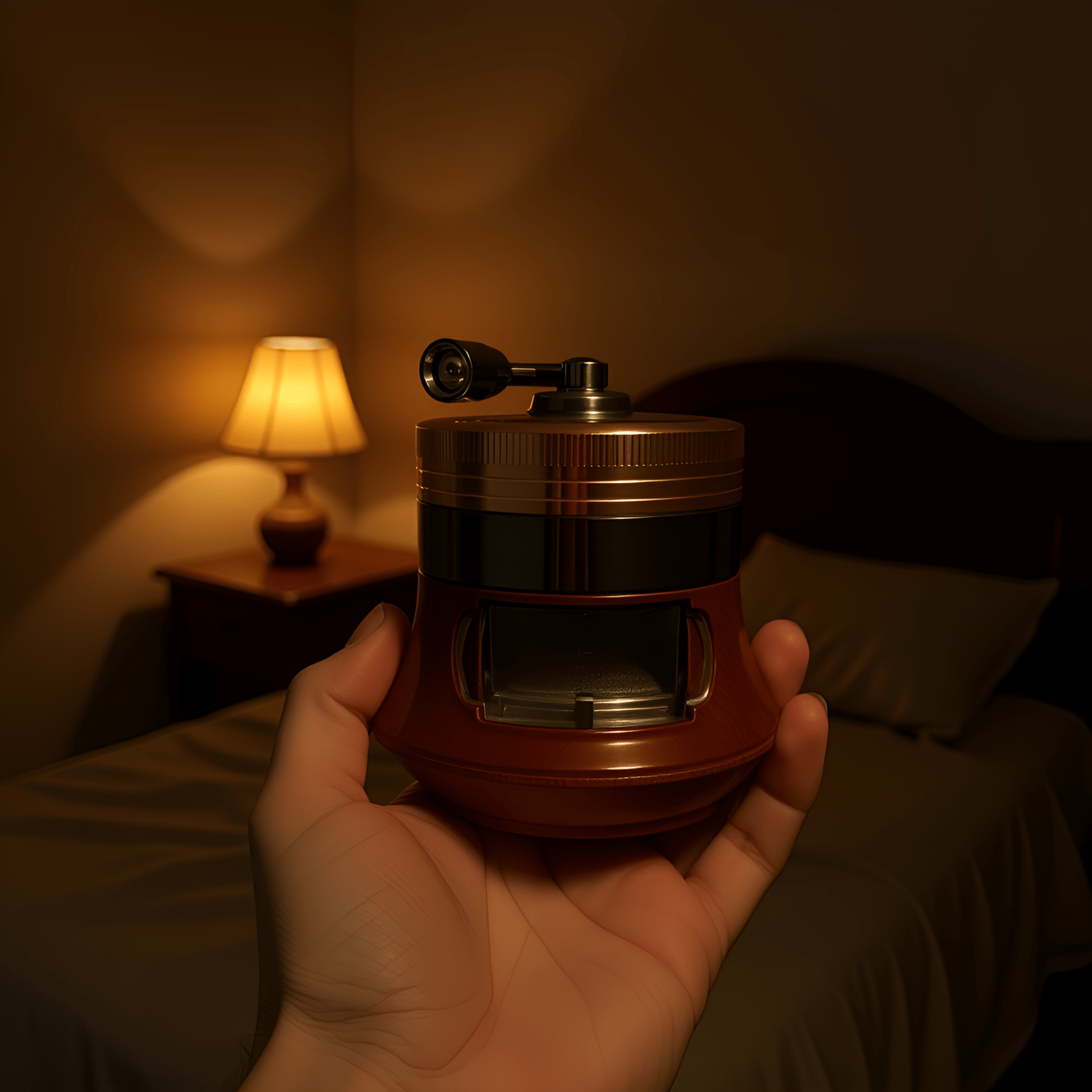 Hand Cranked Herb Grinder - Hand holding wood grain hand crank grinder in cozy room setting