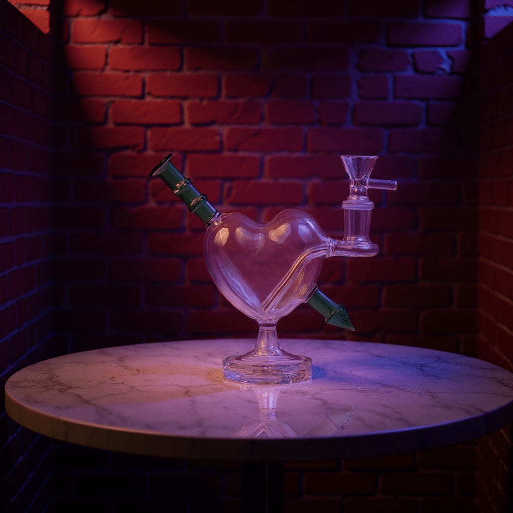 Heartpiercer Water Pipe – Mint Arrow EditionHeart - shaped glass bong on a marble table with a brick wall background