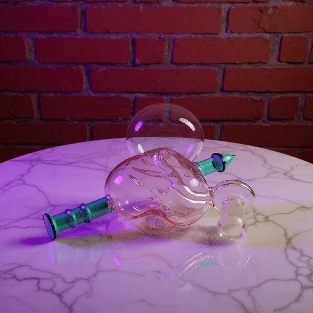 Heartpiercer Water Pipe – Mint Arrow EditionGlass smoking device on a marble surface with a brick wall background