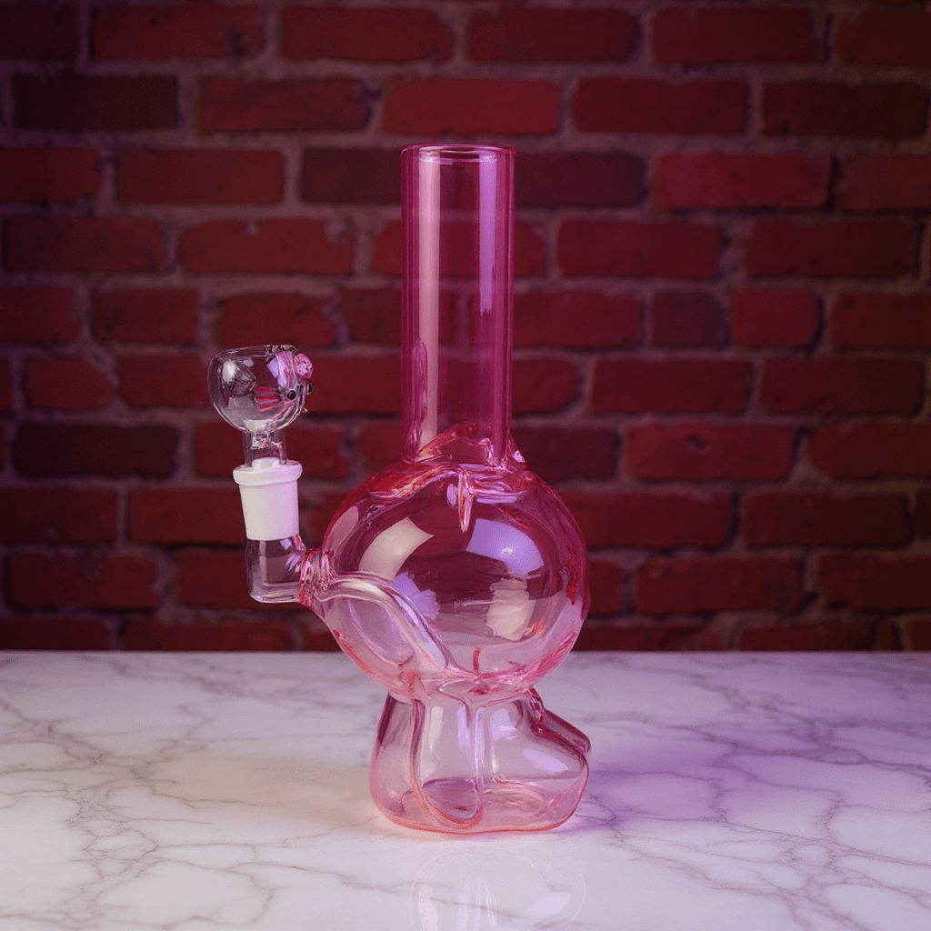 Hello Glow Mini Bong – Cute Style with Crystal Glass. Pink glass smoking bong on a marble surface