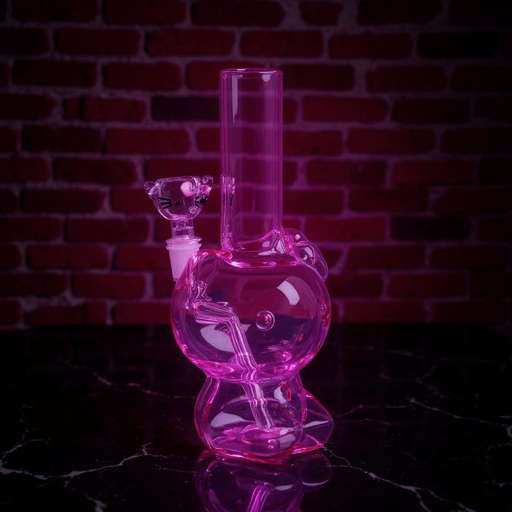 Hello Glow Mini Bong – Cute Style with Crystal GlassPink hello kitty glass bong with a brick wall background