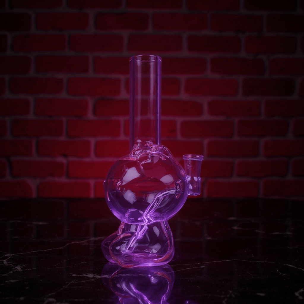 Hello Glow Mini Bong – Cute Style with Crystal Glass. Pink hello kitty glass bong on a reflective surface