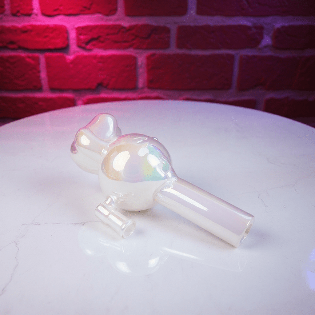 Hello Glow Mini Bong – Cute Style with Crystal Glass. Glass pipe with rainbow iridescent finish on a white surface