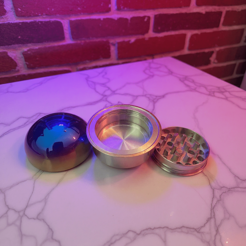 Holographic Ball Herb Grinder Metallic grinder on a marble surface with a brick wall background