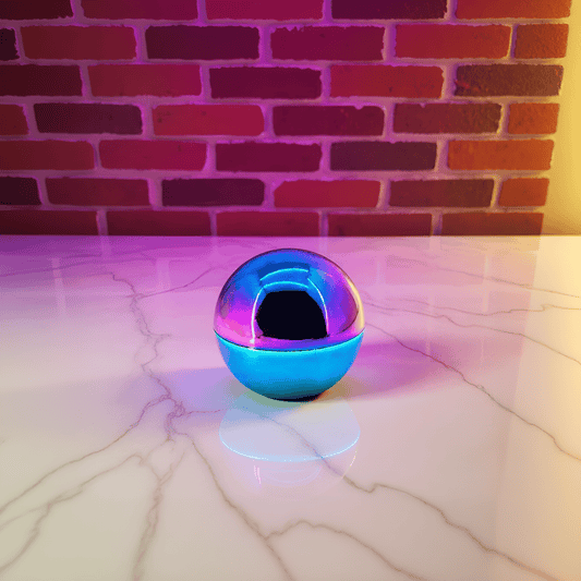 Holographic Ball Herb Grinder Colorful spherical grinder on a marble surface with a brick wall background