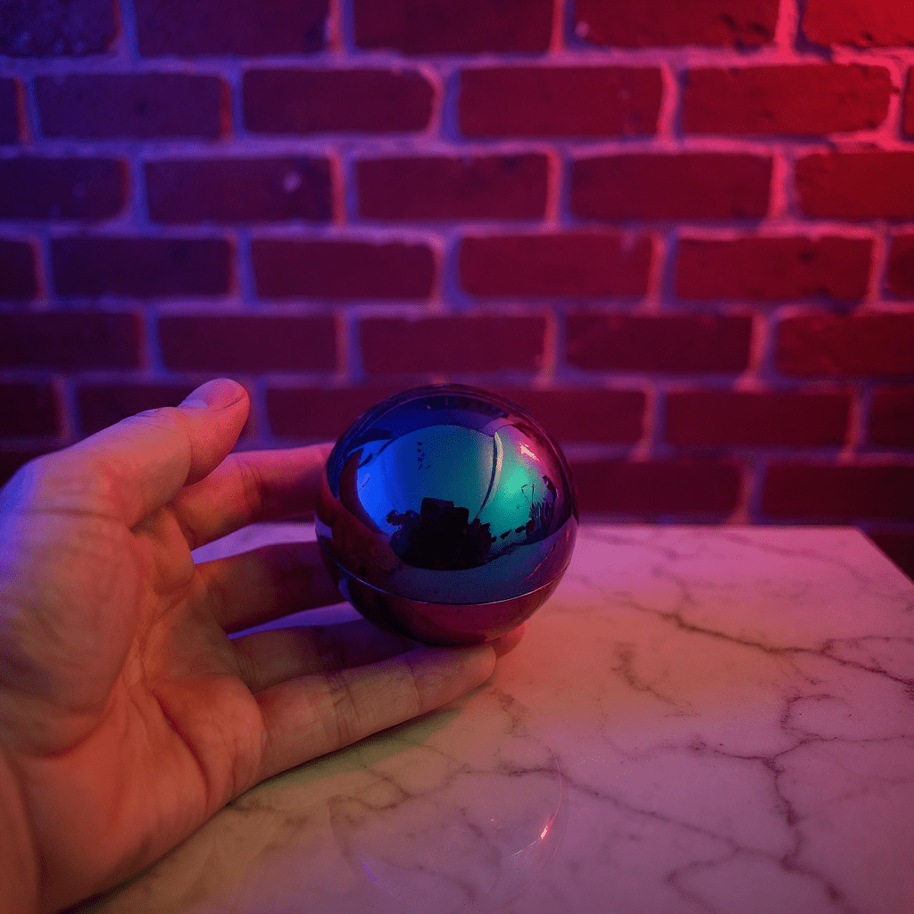 Holographic Ball Herb Grinder Hand holding a reflective tobacco grinder against a brick wall with red lighting