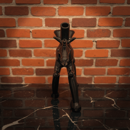 Horse Glass Hand Pipe - Decorative glass horse hand pipe with a top hat against a brick wall.