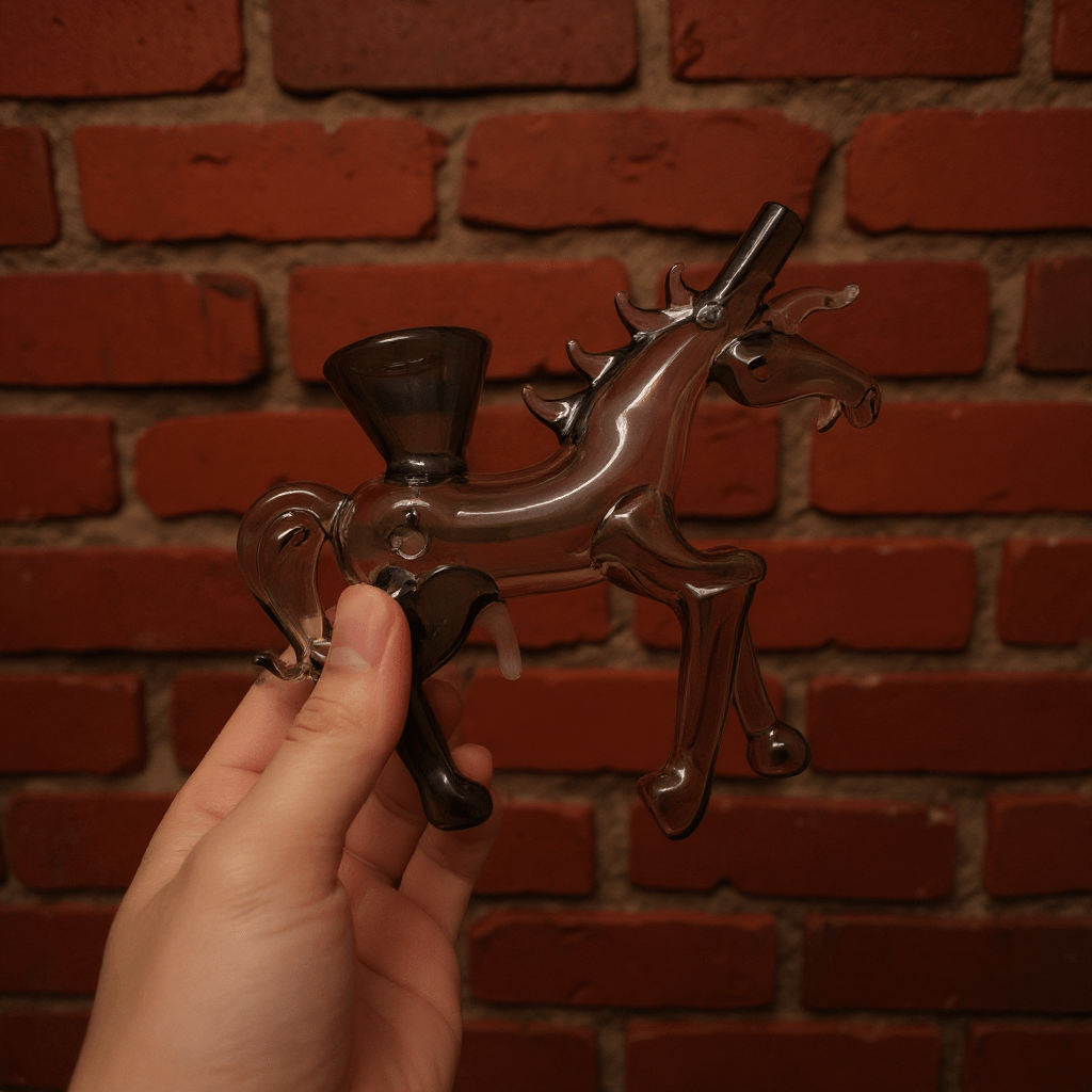 Horse Glass Hand Pipe - Hand holding a horse glass hand pipe against a brick wall.