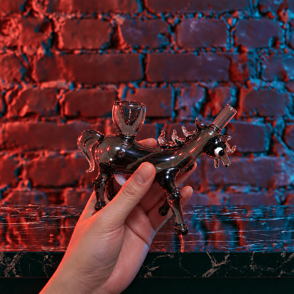 Horse Glass Hand Pipe - Year of the Horse PipeA cylindrical bamboo-style holder or case with a gold-toned clasp and chain detail, standing upright on a dark surface against a red brick wall with pink ambient lighting and plants in the background.