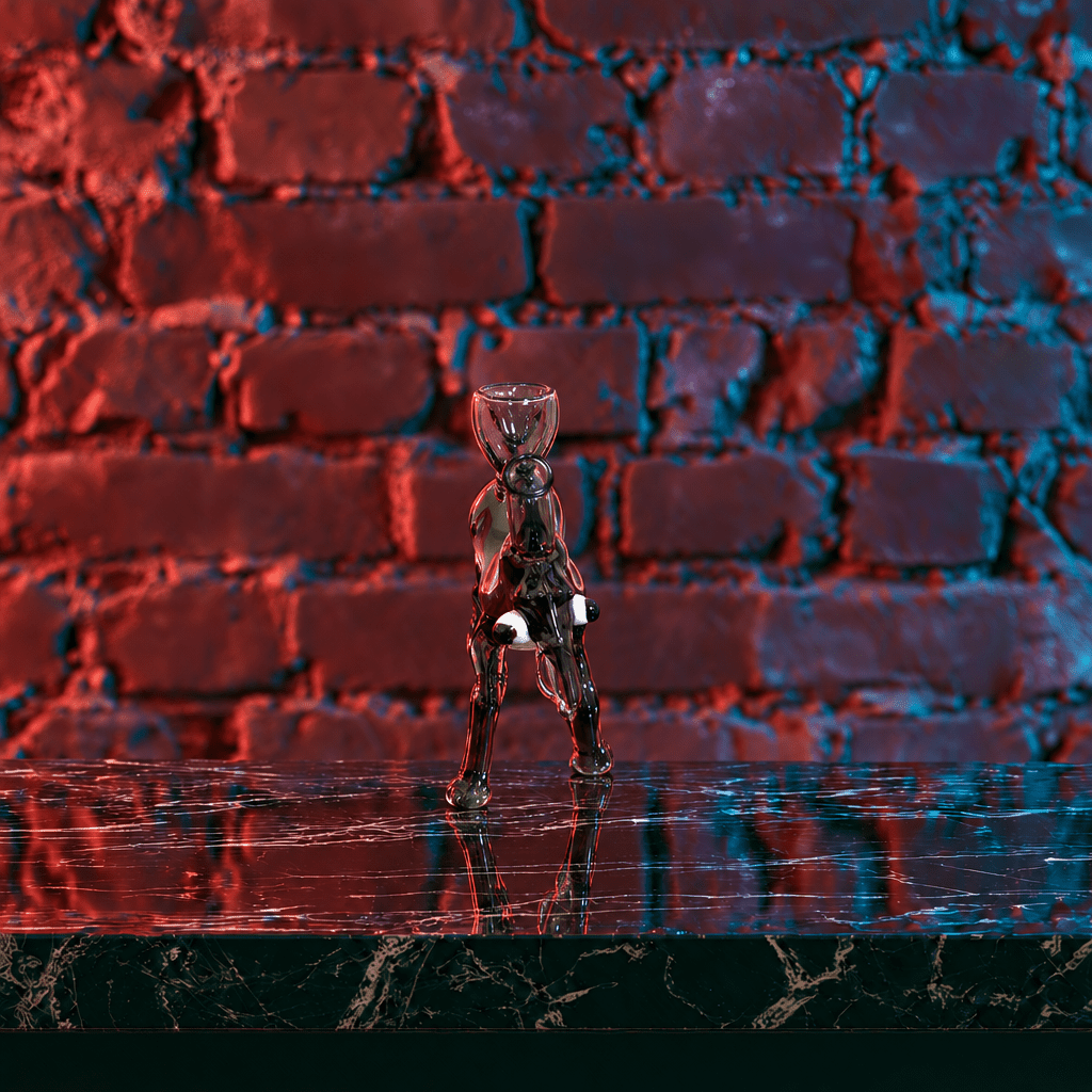 Horse Glass Hand Pipe - Year of the Horse PipeFour decorative cylindrical bamboo-style flute bodies or instrument parts arranged in a row on a dark reflective surface, with gold-tone metal accents and bead trim, photographed in a styled studio setting with a brick wall and neon lighting.
