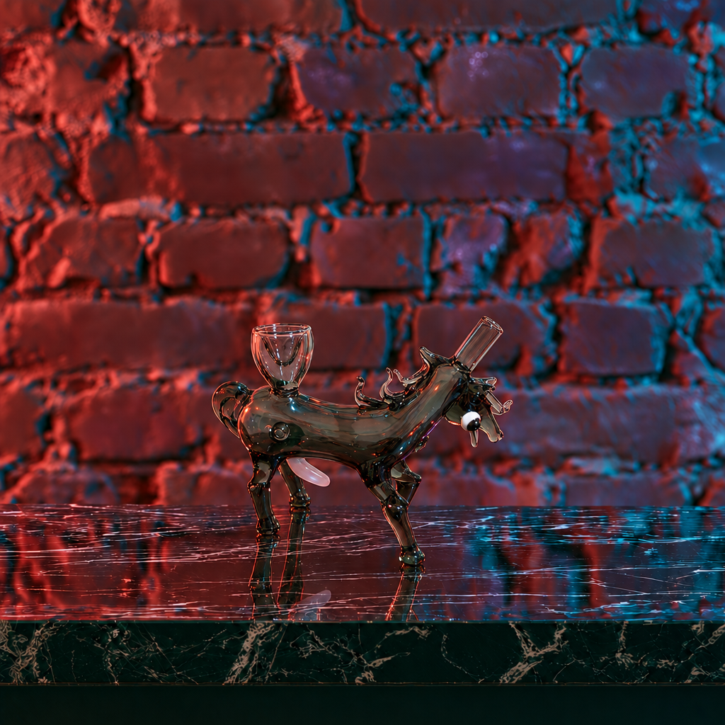 A bamboo water pipe with black burned-in patterns and a brass mouthpiece, standing on a dark marble surface against a dark brick wall with pink neon lighting and plants.