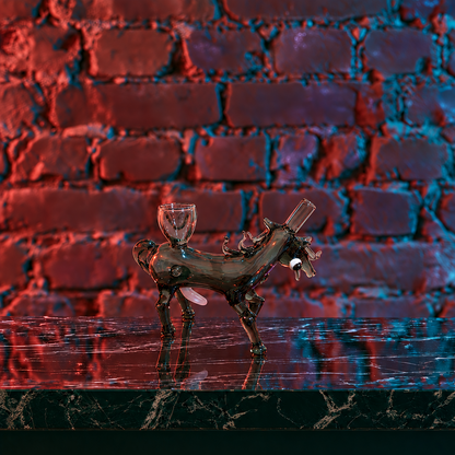 A bamboo water pipe with black burned-in patterns and a brass mouthpiece, standing on a dark marble surface against a dark brick wall with pink neon lighting and plants.