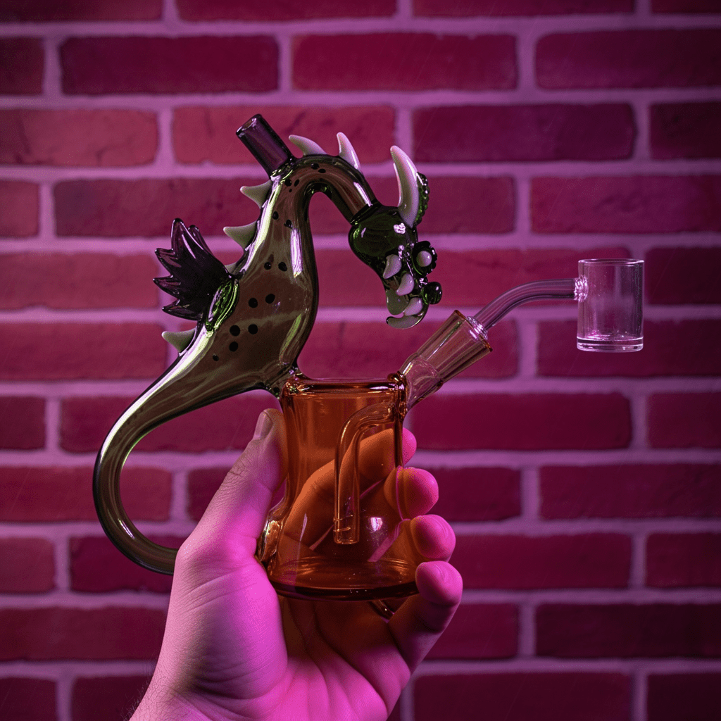 House of Dragon Glass Bong – RPG & Anime Style Water PipeGlass dragon - shaped pipe held by a hand against a brick wall background