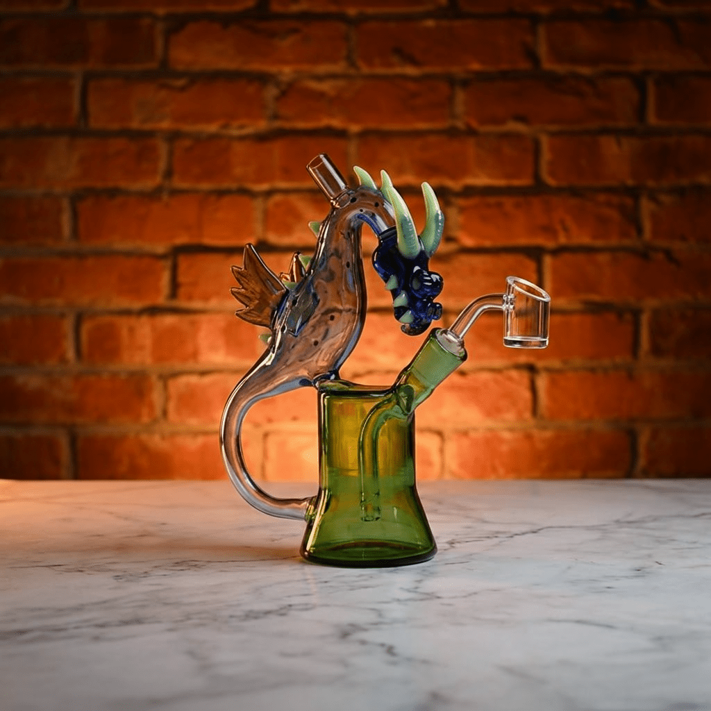 House of Dragon Glass Bong – RPG & Anime Style Water PipeBlue glass dragon - shaped smoking device on a marble surface with a brick wall background