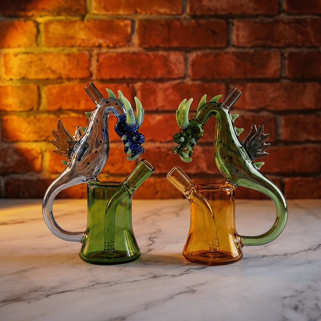 House of Dragon Glass Bong – RPG & Anime Style Water PipeTwo glass dragon - shaped pipes on a marble surface with a brick wall background