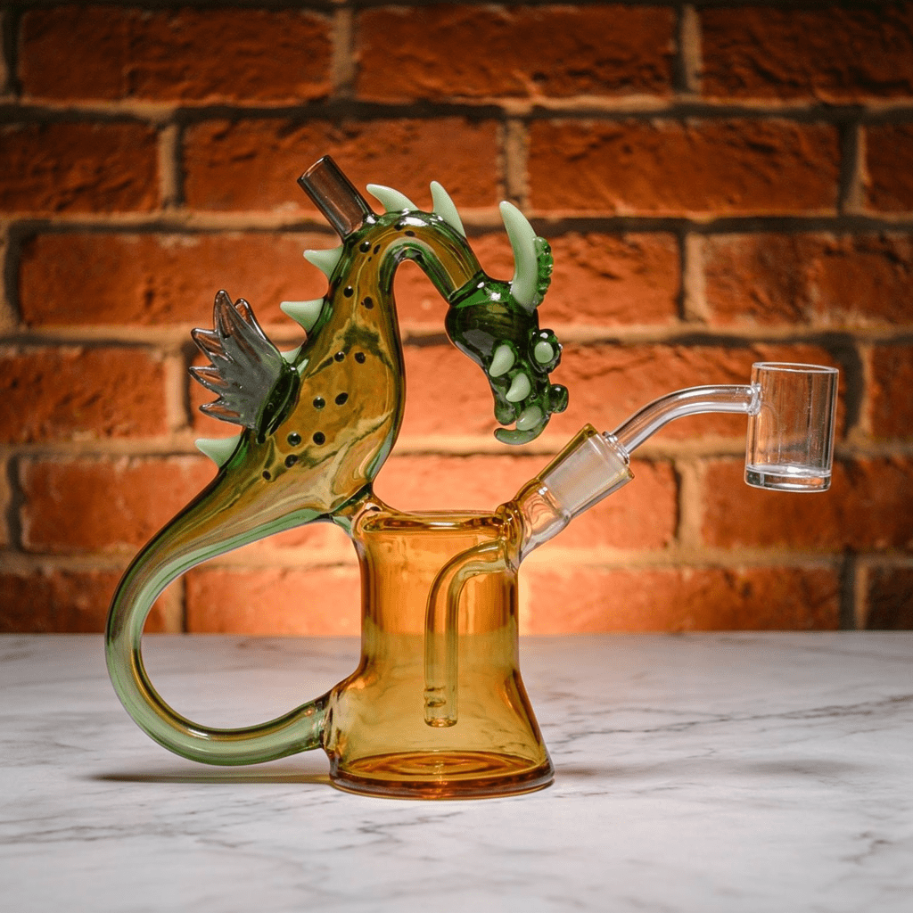 House of Dragon Glass Bong – RPG & Anime Style Water PipeGreen Dragon Glass Bong with bowl on marble surface