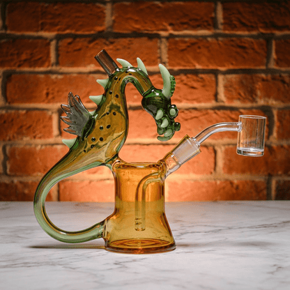 House of Dragon Glass Bong – RPG & Anime Style Water PipeGreen Dragon Glass Bong with bowl on marble surface